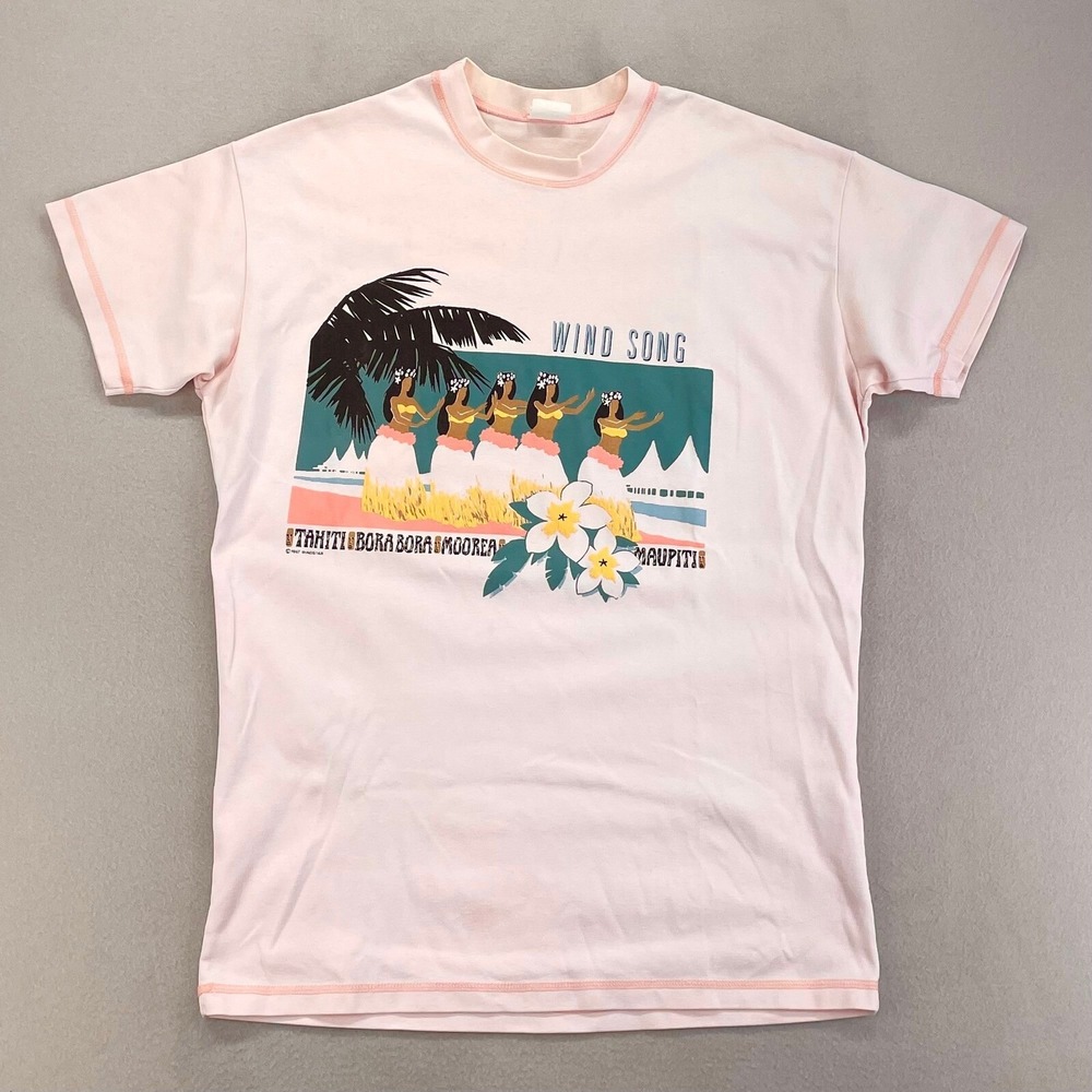 VTG 80s T-Shirt Large Pink Island Hula Girl Tropical Graphic Tee 1987 Windstar